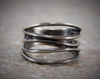 Oxidized Sterling Silver Open Cut Out Design Band Ring
