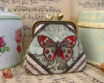 Coin purse clutch with butterfly and flower, vintage kiss lock purse