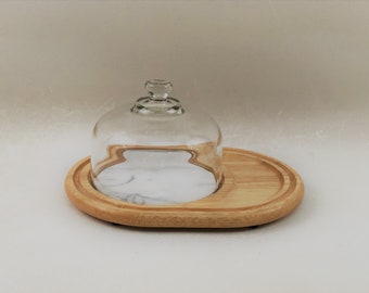Beautiful Vintage Wood Cheese Serving Tray With Marble Inset and Glass Dome