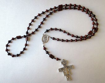 Franciscan Crown Rosary in Black and Brown Mahogany Obsidian with St Francis/ St Anthony Center and San Damiano Cross with Peace Prayer