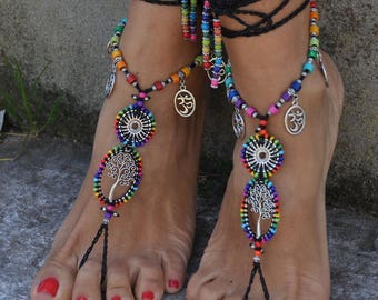 Barefoot Sandals,TREE of LIFE, RAINBOW and Black, ankle bracelet, Foot jewelry, Beach Wedding,Hula hoop,Yoga jewelry, Boho sandals, Toe ring