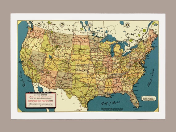 US Mileage and Driving Times Map from 1940s original Archival