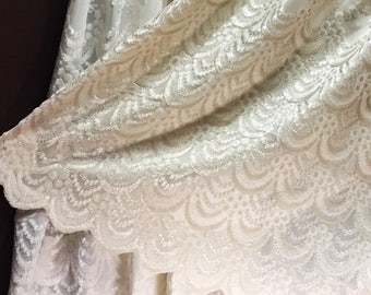 Sheer Fabric - Polyester Patterned Sheer Panel - White or Champagne Sheer - Decorative Shaped Hem - Singed Flower Fabric - P01 - 1 Panel