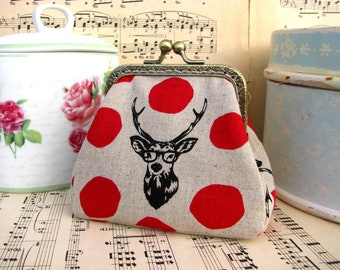funny coin purse clutch with deer in glasses, kiss lock purse