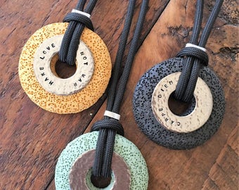 Personalized Diffuser Necklace, Unisex Lava Donut Pendant, Custom Stamped, Minimalist Jewelry, Gift for Him, Gift For Her, Hippy Necklace