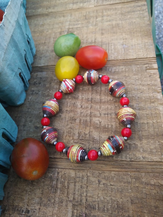 Boho stretch bracelet- brown/ red/ Haitian paperbeads