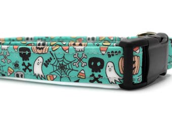 Teal Halloween Graffiti Dog Collar | Your choice of metal buckle or plastic buckle | Halloween Dog Collar | Boy Dog Collar | Girl Dog Collar