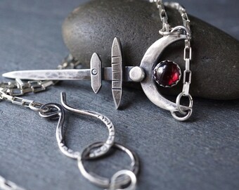 Garnet Crescent Moon Dagger Amulet , Natural Garnet Necklace , Moon Talisman Pendant , Alternative Wedding