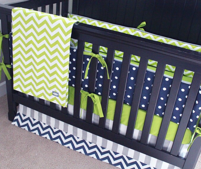 Baby Boy Crib Bedding Set Green Gray Navy Blue Nursery Zoom