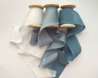 Gray Hand dyed Silk Ribbon, Set of 3, Silver silk ribbon, Wedding Invitation Ribbon , Bouquet Ribbon, Bridal Supplies, Blue Wedding Ribbons