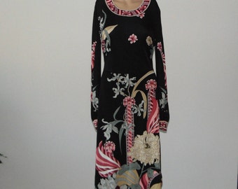 Vintage 70s Midi dress Floral midi dress Elegant dress Black pink dress Long sleeve dress Romantic dress Secretary dress Party dress