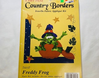 Vintage Harvest Country Borders Iron On Fabric Appliqué Kit. Freddy Frog Pumpkin Halloween Kit by What's New LTD