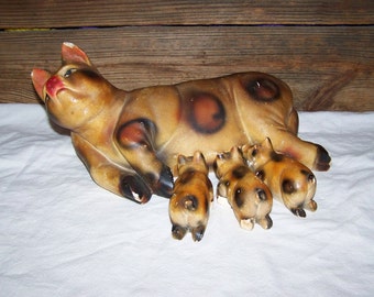 Chalkware Pig Chalk Ware Sow With Piglets Chalkware Piggy Bank Spotted Pig