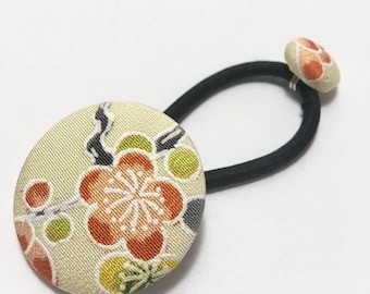 Hand made vintage silk kimono covered button Ponytail holder
