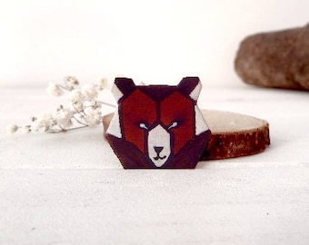 Little bear wooden brooch
