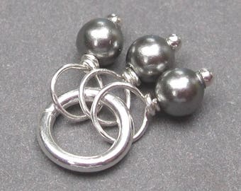 Pearl Charm, Dark Silver Grey Swarovski Crystal Pearl Trio Charm, Pearl Pendant, Bracelet Charm with Sterling Silver Jump Ring