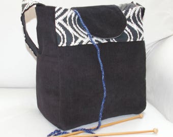 Black and white, corduroy, Knitting Bag, VEGAN, Vinyl Interior, CLASSIC, Lots of Pockets, girl's bag, crochet organizer, knitting project