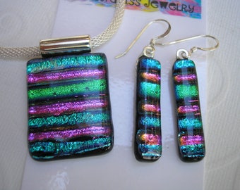 Dichroic Earrings and Pendant Set Stripes in Green, Teal, Hot Pink, & Black Fused Glass Jewelry Long Dangles Sparkling Pendant and Earrings