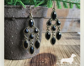 Ebony Rain. Dangle Earrings -- (Vintage-Style, Black, Gold, Elegant, Holiday Jewelry, Bridesmaid Gift Under 10, Rustic Chic, Chandelier)