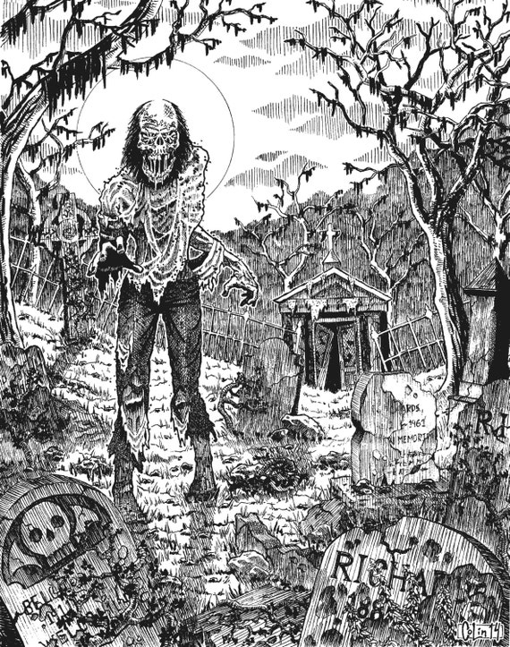 Black and white zombie art print graveyard walker Black and white zombie art print graveyard walker