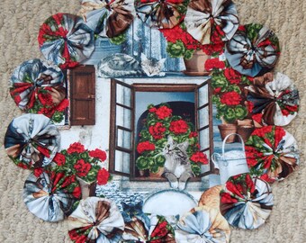 Cat and Red Geraniums 12" Yo Yo Doily