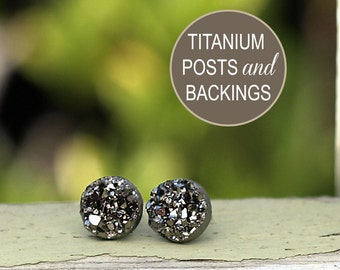 Dark Gray Glitter Studs, Faux Druzy Titanium Post Earrings, 8mm Faux Durzy, Gunmetal Grey Metallic