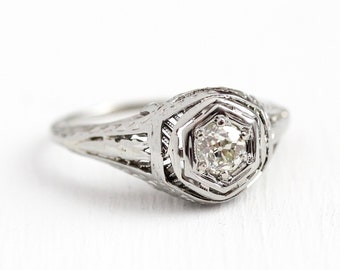 Filigree Engagement Ring - 18k White Gold Art Deco .31 CT Diamond Ring - 1920s Size 5 1/4 Vintage Flower Filigree Fine Appraisal Jewelry