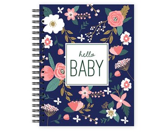 Hello Baby™ Baby Book, Baby Memory Book, NAVY FLORAL Baby Journal, Pregnancy Journal, Personalized Baby Book, The Sweet Rhino
