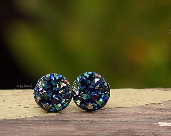Black Rainbow Faux Druzy Earrings - Titanium Posts - Studs
