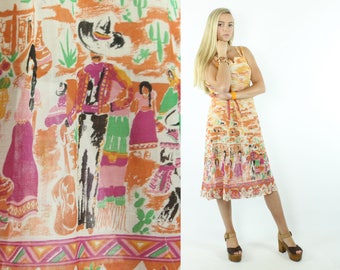 Vintage 70s Novelty Dress Hippie Boho Sleeveless Sundress 1970s Large L Mexican Serbin Orange White