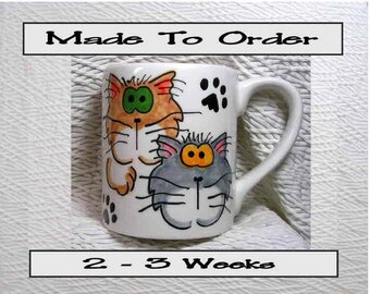 Goofy Cats Mug Original Handmade To Order With Paws On Back by Grace M. Smith