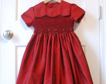 Red Dupioni Christmas Smocked Dress "Christmas Bells"