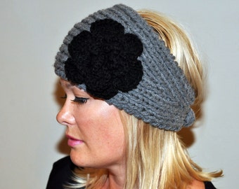 HEADBAND Earwarmer Headwrap Warm Winter Gray Black Crochet Flower Twilight Silver Ash Cloud Earth Neutral Girly Romantic Gift