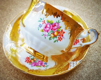 Bright Yellow and Gold Paragon Bone China Footed Tea Cup & Saucer Set - Made In England - 1960s