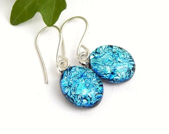 Vivid Sky Blue Dichroic Glass Drop Earrings, Oval Blue Dangle Earrings on 925 Sterling Silver Earwires, Fused Glass Jewelry