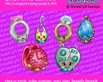 Shopkins clipart | jewellery | ring-a-rosie brenda brooch ticky tock chelsea charm | jpeg and png | instant download | DIY printable