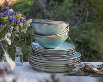 6 - 3 pcs. Light Blue Dinnerware, Dinnerware Set, Stoneware Dinnerware, Pottery Dinnerware 6 Place Settings Wedding gift Handmade Dinnerware