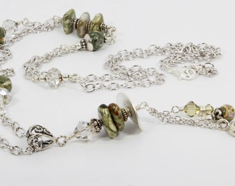 Silver Pendant Necklace with Rainforest Jasper, Delicate Chain Necklace, Swarovski Crystals, Natural Stones, Rhyolite Jewelry, Gift for Her