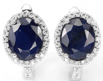 Natural Blue Sapphire 14K White Gold Coated 925 Silver Earrings