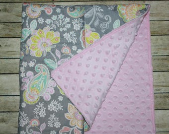 Baby Blanket- Floral Baby Blanket- Baby Girl Blanket- Minky Blanket-Monogram Blanket-Nursery Blanket-Girl Baby Blanket