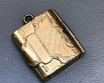 Antique Victorian Book Locket . English . 10kt Gold Enamel . Mourning Jewelry