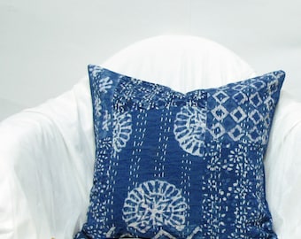 Indigo Handmade Kantha pillow cover,cushion cover,throw pillow, 16 x16 inches. Boho,Bohemian,India art and crafts,Indian handicrafts,