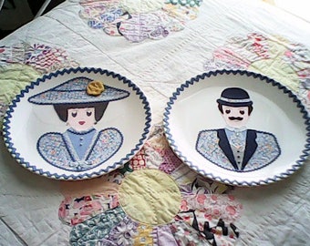 Two COLLAGE HIS & HERS Plates Whimsy 1960s Folk Art