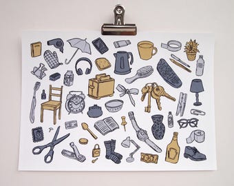 Everyday Objects Illustration A4 Art Print | Scandinavian Colours