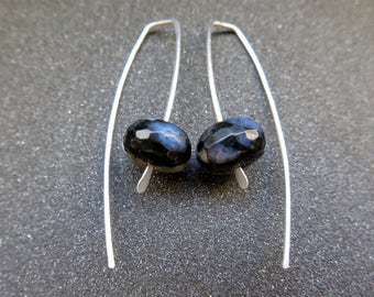 black stone earrings. jasper jewelry. hammered sterling silver earwires. natural stone jewellery.