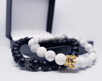 Distance Bracelets with Box and Card | King and Queen Bracelets | For Lovers, Friends and Family | Strong Elastic (8mm Beads)