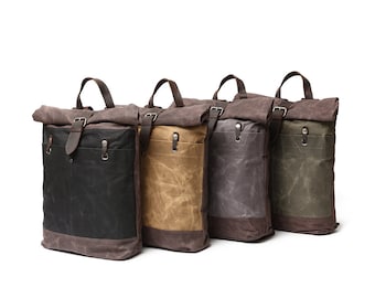 Waxed Canvas Roll-down Backpack with Leather Strap
