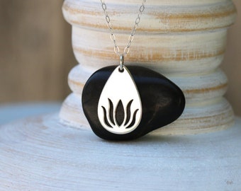 Lotus Necklace, Sterling Silver Lotus Necklace, Lotus Pendant Necklace, Lotus Charm Necklace, Yoga Necklace, Lotus Teardrop Necklace