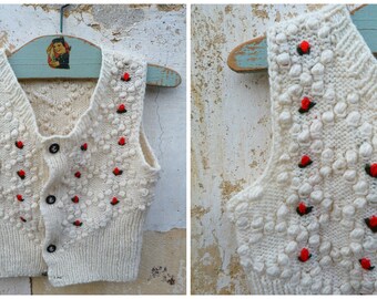 Vintage Austria 1970/70s Hand knitted & embroidered baby vest/sweater / Trachten dirndl size 1/2 years