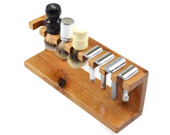 Safety razor shaving brush stand, custom wood up to 3 slots for razor and up to 3 slots for brushes
